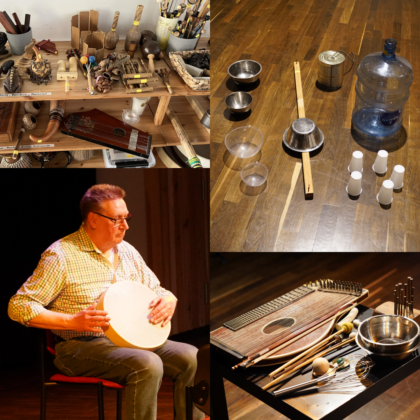 Workshopleiter Thomas Gerwin mit Rahmentrommelb, dazu weitere Kleininstrumente und klingende Materialien