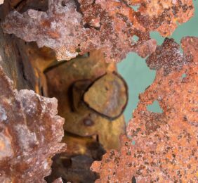 rostiges Metall mit Durchlass zu einer alten Klinke